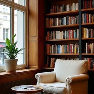 Coin lecture de la librairie avec fauteuils et étagères