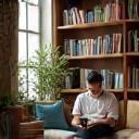 Coin lecture avec lecteur plongé dans un livre
