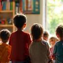 Enfants assis en cercle écoutant une histoire